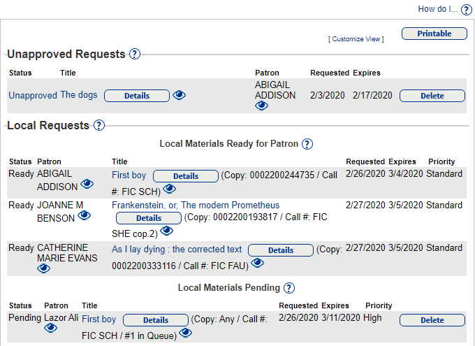 Local Requests section of View Requests page.